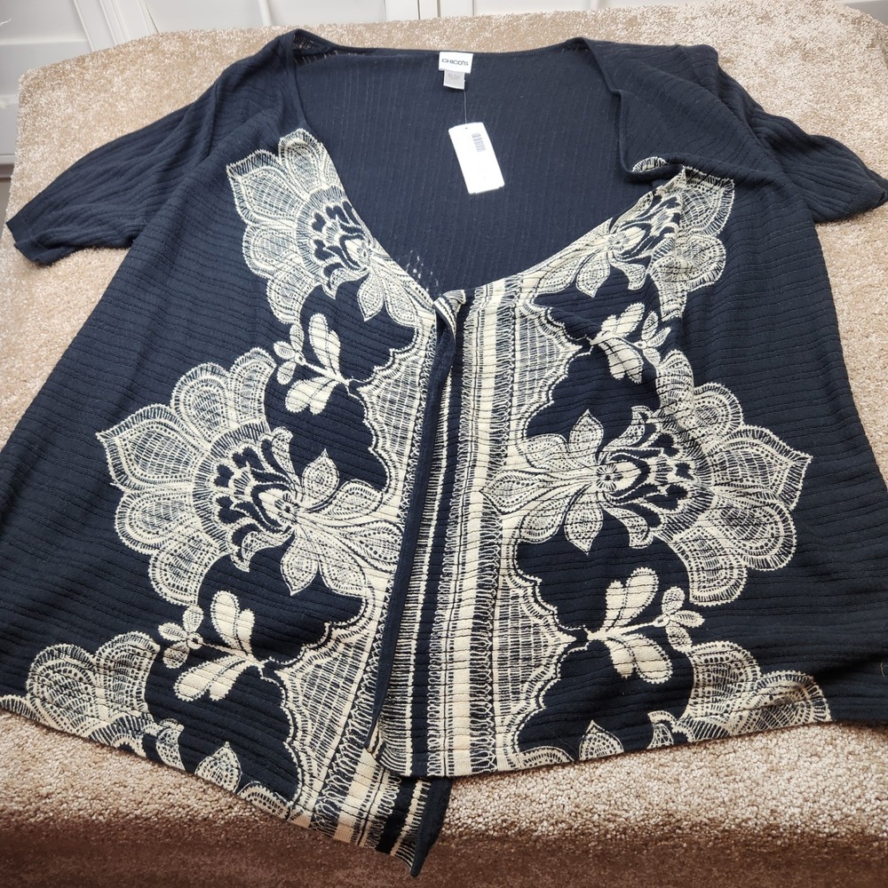 Chicos Indian Bloom Latika Cardigan Sweater Black Floral Ribbed NWT Size 3‎ XL